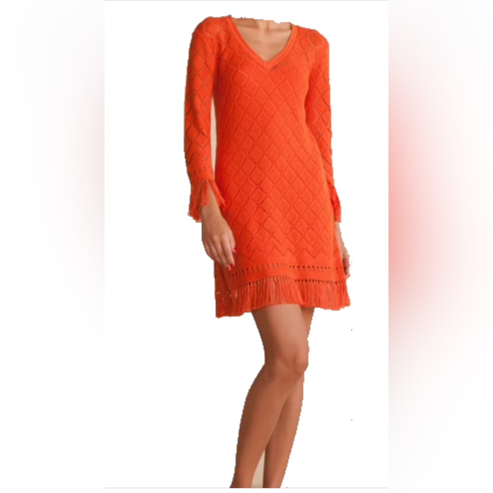 Trina Turk EUC Crochet Sweater Dress Orange Boho Fringe L w Slip